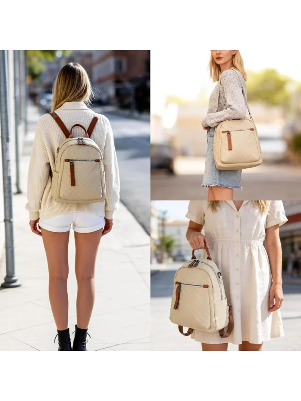 Stylish Quilted Genuine Leather Backpack Purse for Women - Multi-functional